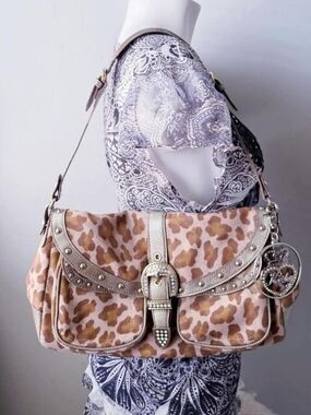 Vintage y2k Kathy Van Zeeland cheetah leopard print rhinestone buckle purse